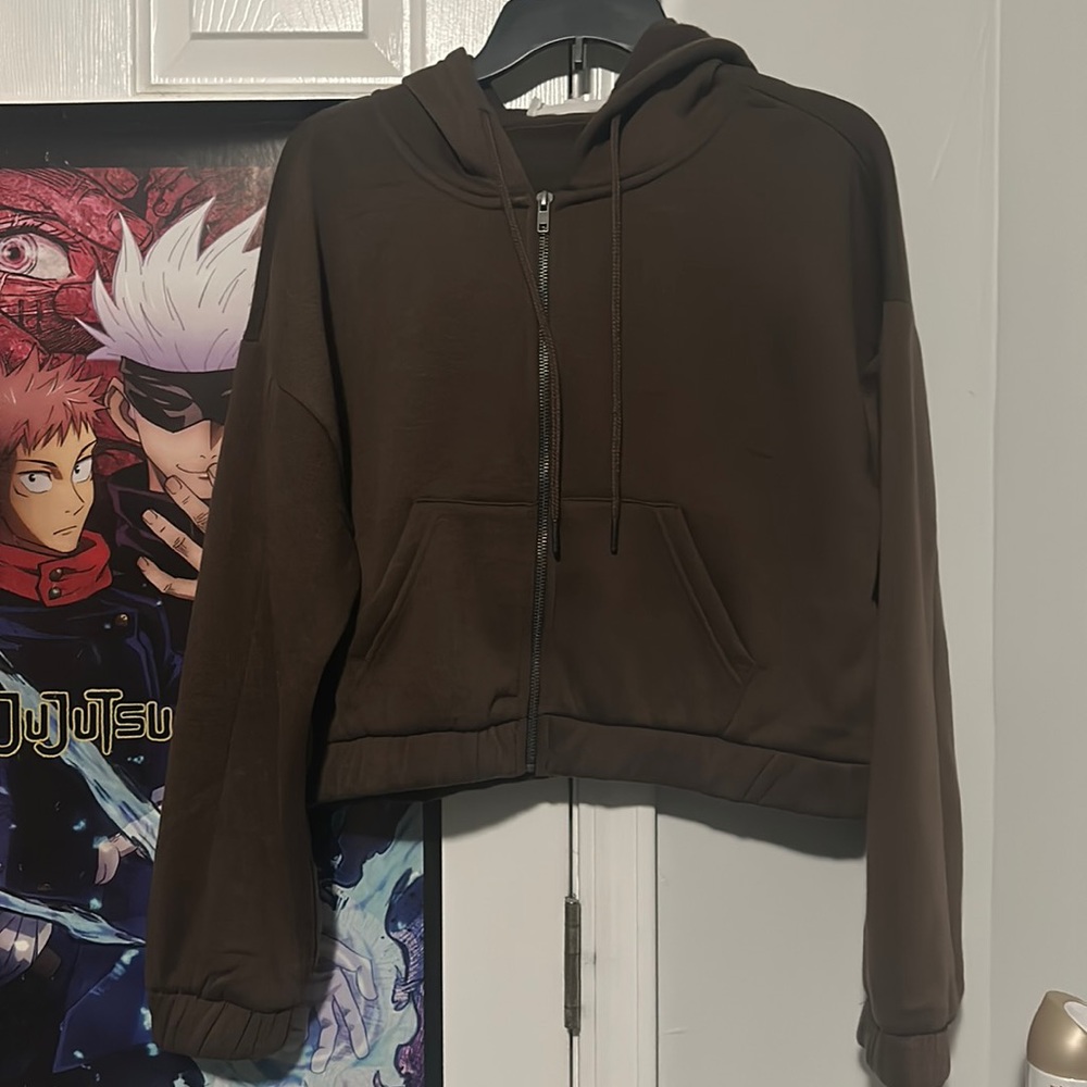 Chocolate brown cropped zip up hoodie